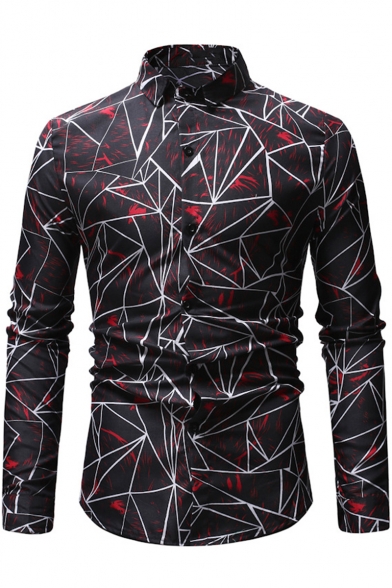 New Fashion Vintage Geometric Pattern Men's Long Sleeve Fitted Button-Front Shirt