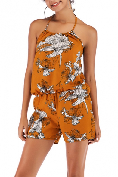 Sexy Fashion Halter Sleeveless Floral Printed Romper
