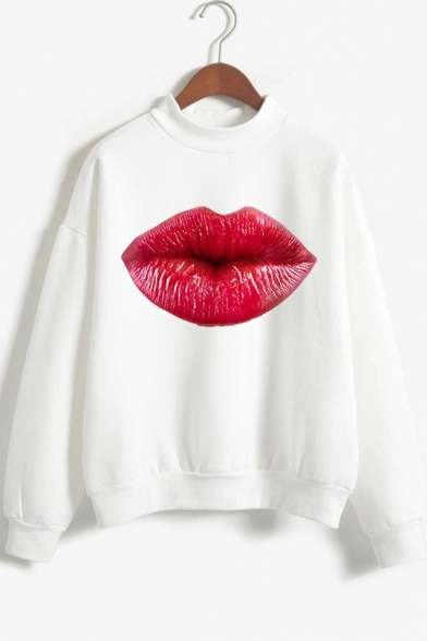 Sexy Red Lip Pattern Long Sleeve Mock Neck White Pullover Sweatshirt
