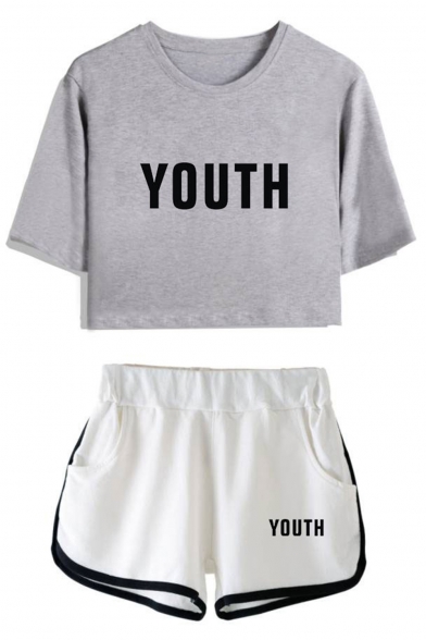 Fashion Letter YOUTH Print Cropped T-Shirt Sports Elastic Waist Shorts Co-ords