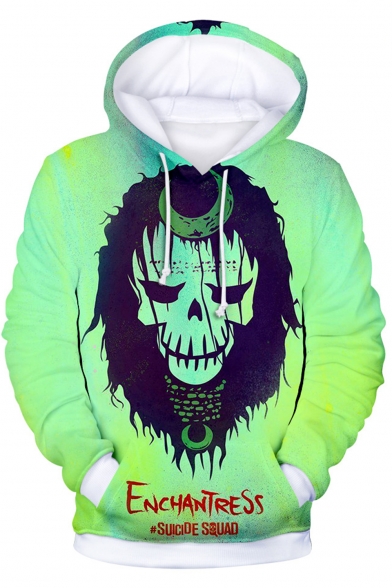 Cool Clown Skull Print Long Sleeve Casual Loose Light Green Hoodie