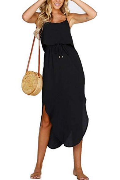 Summer New Stylish Plain Drawstring Waist Maxi Slip Dress for Women