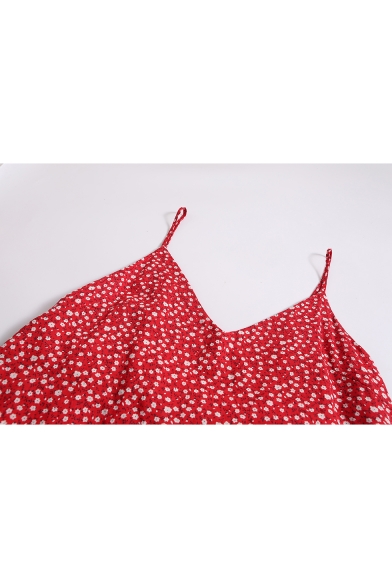 Summer Womens New Fashion Red Floral Printed V-Neck Ruffle Hem Mini Slip Dress
