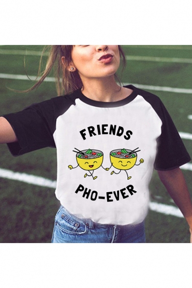 Cartoon Letter FRIENDS Noodles Printed Short Sleeve Round Neck White T-Shirt