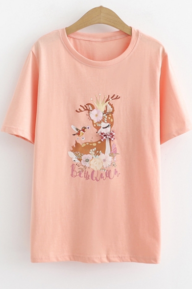 Cartoon Lovely Letter Deer Printed Basic Short Sleeve T-Shirt