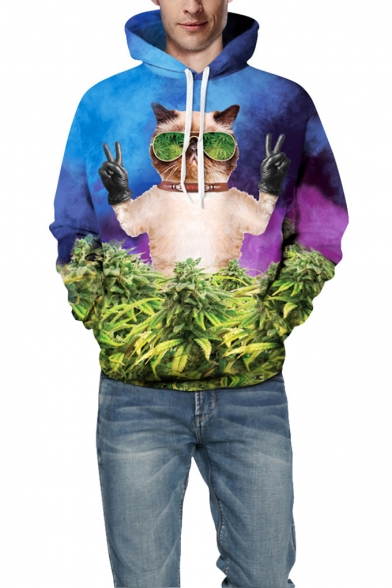 Cool Pose Cat with Glasses 3D Weed Pattern Loose Casual Drawstring Hoodie