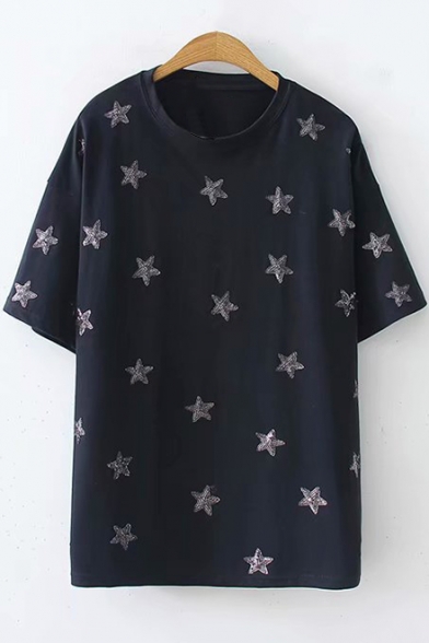 Fashion Allover Sequined Star Embroidered Round Neck Short Sleeve Loose Relaxed T-Shirt