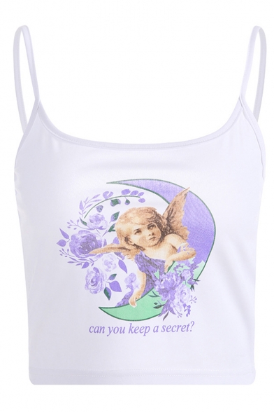 Letter CAN YOU KEEP A SECRET Cute Angel Baby Print Cropped White Cami Top