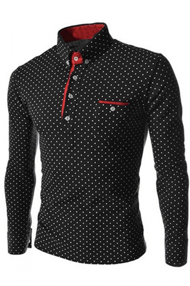 Men's British Style Fashion Polka Dot Printed Four-Button Long Sleeve Fitted Polo