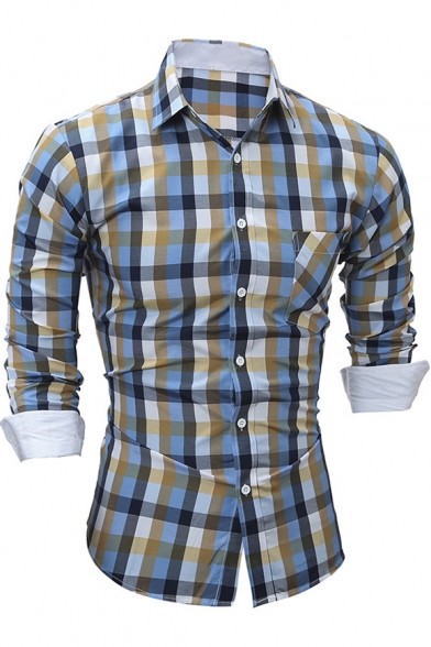 Men's Fashion Colorful Plaid Printed Long Sleeve Fitted Button-Front Shirt