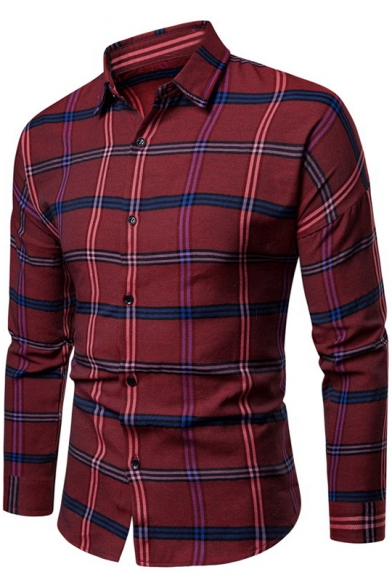 Men's Fashion Plaid Printed Long Sleeve Round Hem Slim Fit Button-Up Shirt