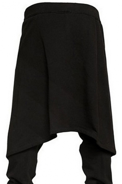 Men's Street Fashion Basic Plain Drawstring Waist Wrap Back Black Cotton Baggy Pants