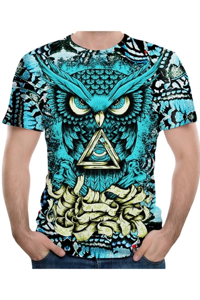 Mens Fashion Night Owl 3D Printed Short Sleeve Blue T-Shirt
