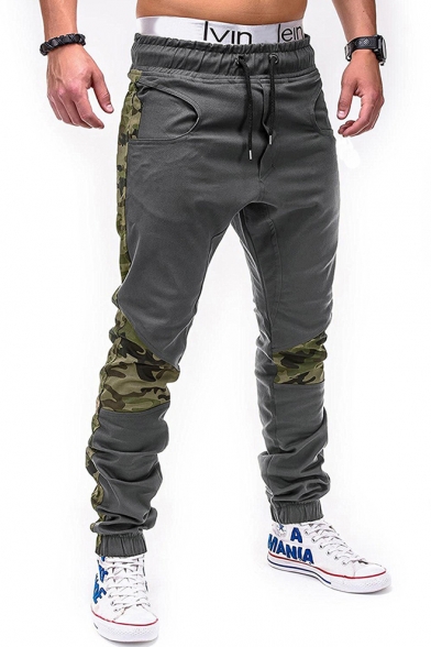 Mens New Fashion Cool Camo Patched Knee Drawstring Waist Elastic Cuff Fitted Pencil Pants