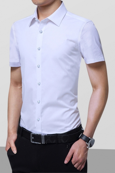 Mens New Stylish Simple Plain Short Sleeve Formal Button-Front Dress Shirt