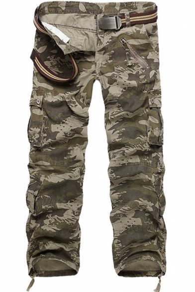 Mens New Trendy Simple Plain Multi-Pocket Casual Straight-Leg Cotton Cargo Pants