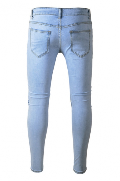 Mens Street Fashion Zip Cuff Pleated Knee Patched Light Blue Ripped Skinny Jeans