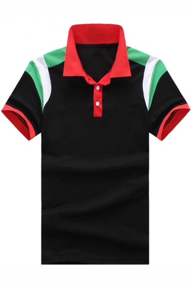 New Stylish Patched Shoulder Colorblock Short Sleeve Loose Casual Polo Shirt for Men
