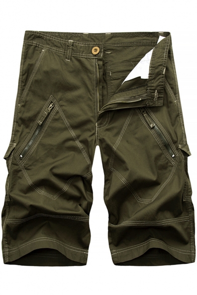 New Stylish Solid Color Multi-Pocket Zip Pocket Mens Cotton Casual Cargo Shorts