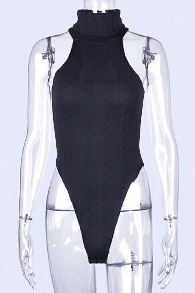 New Stylish Women's Simple Plain Cable Knit Turtle Neck Sleeveless Slim Fit Bodysuit