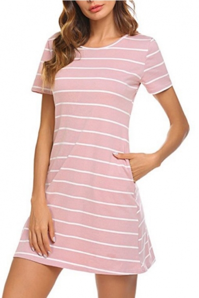 Sexy Back Crossing Striped Pattern Round Neck Short Sleeve Mini A-Line T-Shirt Dress