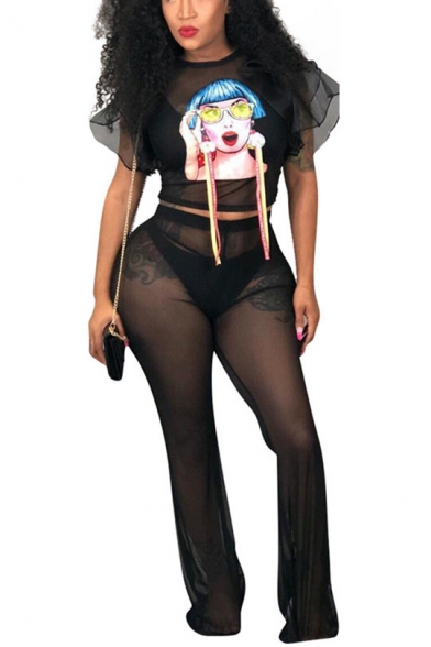 Sexy Nightclub Figure Print Batwing Sleeve Cropped Top Elastic Waist Pants Mesh Co-ords