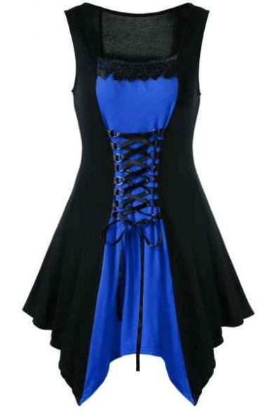 Sexy Trendy Lace-Up Front Lace-Trimmed Square Neck Sleeveless Mini Asymmetrical Dress