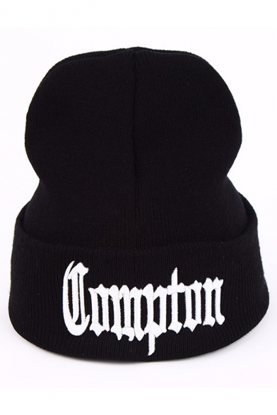 Simple Letter COMPTON Embroidered Hip Hop Style Black Knit Beanie