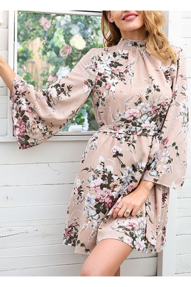 Spring New Arrival Fashion Floral Printed Backless Bow-Tied Back Long Sleeve Mini A-Line Dress