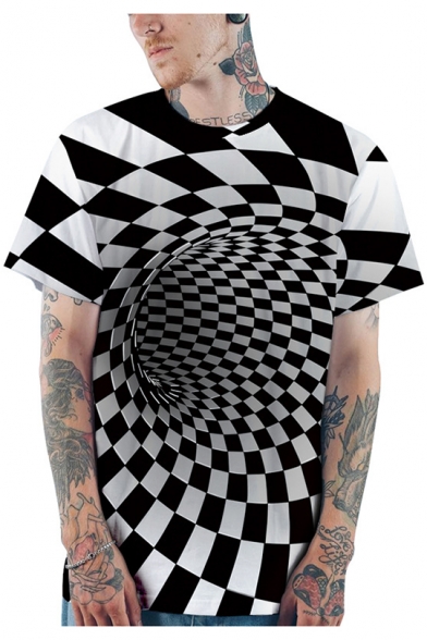 Stylish 3D Black and White Checkerboard Whirlpool Pattern Short Sleeve Casual T-Shirt