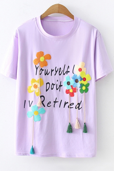 Summer Cute Letter Floral Embroidered Tassel Embellished Short Sleeve Casual T-Shirt