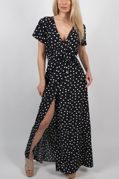 Summer Fashion Classic Polka Dot Printed V-Neck Short Sleeve Tied Waist Split Front Maxi A-Line Dress