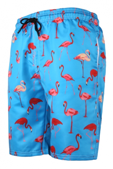 Summer New Stylish Flamingo Printed Drawstring Waist Beach Swim Shorts for Guys