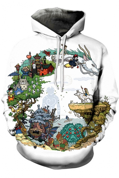 Totoro Comic Character 3D Printed White Long Sleeve Unisex Relaxed Hoodie
