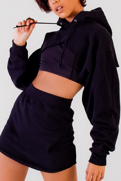 Trendy Wide Long Sleeves Open-Front Open-Back Cropped Hoodie with High Waist Mini Skirt
