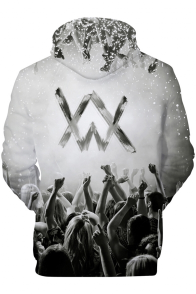 Norwegian DJ 3D Double W Logo Figure Printed Sport Casual Long Sleeve Pullover Grey Drawstring Hoodie