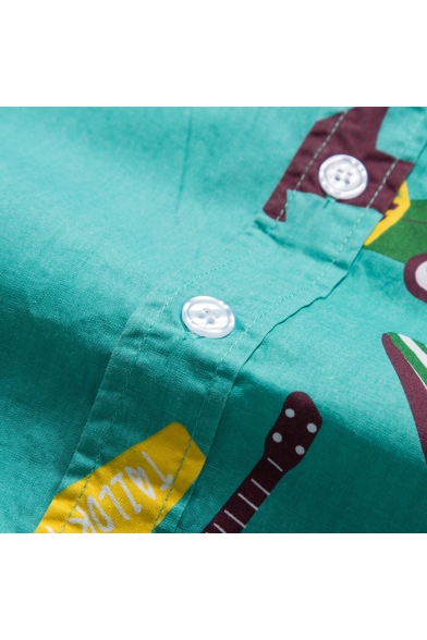Cartoon Palm Tree Guitar Printed Short Sleeve Casual Cotton Unisex Hawaiian Shirt