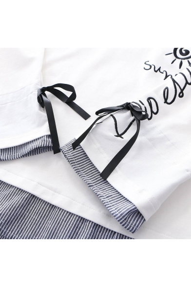 Cartoon Sunshine Letter Print Fashion Stripe Patched Collar Long Sleeve Pullover Sweatshirt