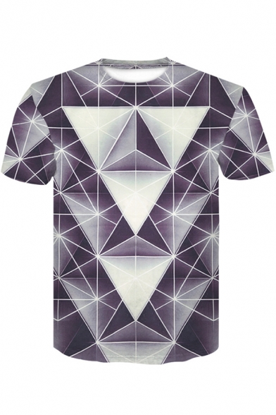 Cool 3D Diamond Geometric Print Short Sleeve Purple T-Shirt