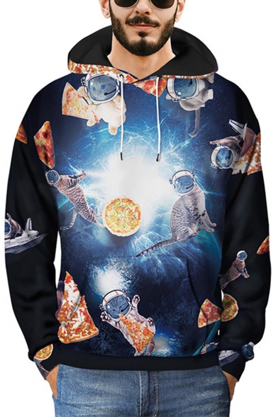 Cool Creative 3D Pizza Astronaut Printed Loose Relaxed Black Hoodie
