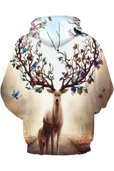 Cool Elk Deer Tree 3D Printed Unisex Loose Casual White Hoodie