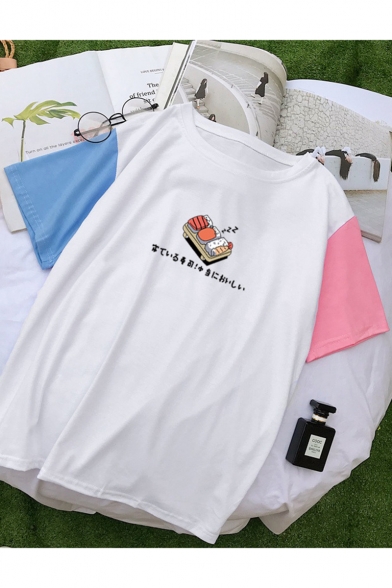 Cute Cartoon Sushi Print Colorblock Short Sleeve Casual Cotton T-Shirt