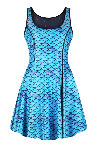 Fashion Reversible 3D Blue Fish Scale Purple Galaxy Print Scoop Neck Mini A-Line Tank Dress