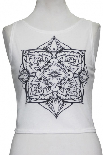 Fashion Simple Floral Totem Printed Round Neck Sleeveless Cropped Tank Top