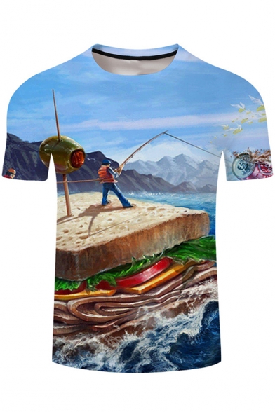 Funny 3D Comic Fishing On A Sandwich Short Sleeve Round Neck Light Blue T-Shirt