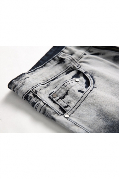 Guys New Fashion Cool Camo Patched Retro Bleach Washed Blue and White Regular Fit Jeans
