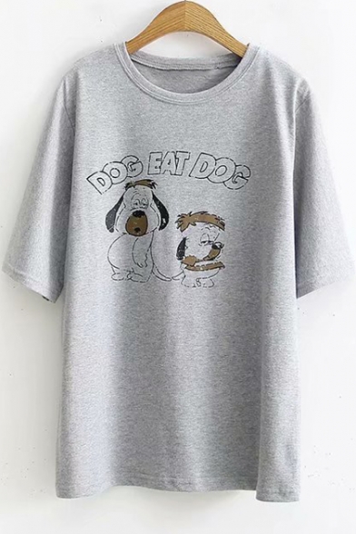 Lovely Cartoon Letter DOG EAT DOG Relaxed Fit Short Sleeve Round Neck T-Shirt