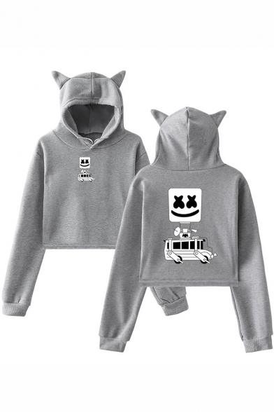 Marshmello Cute Smile Face Printed Cat Ear Design Long Sleeve Pullover Cropped Hoodie