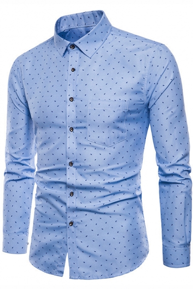 Mens Fashion Simple Allover Printed One Pocket Chest Slim Fit French Cuff Dress Shirt