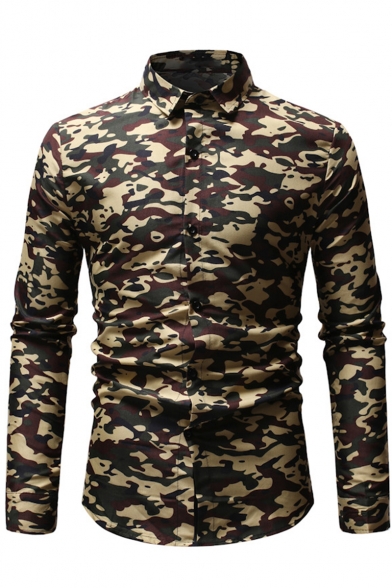 Mens New Fashionable Camo Printed Long Sleeve Fitted Button-Up Shirt